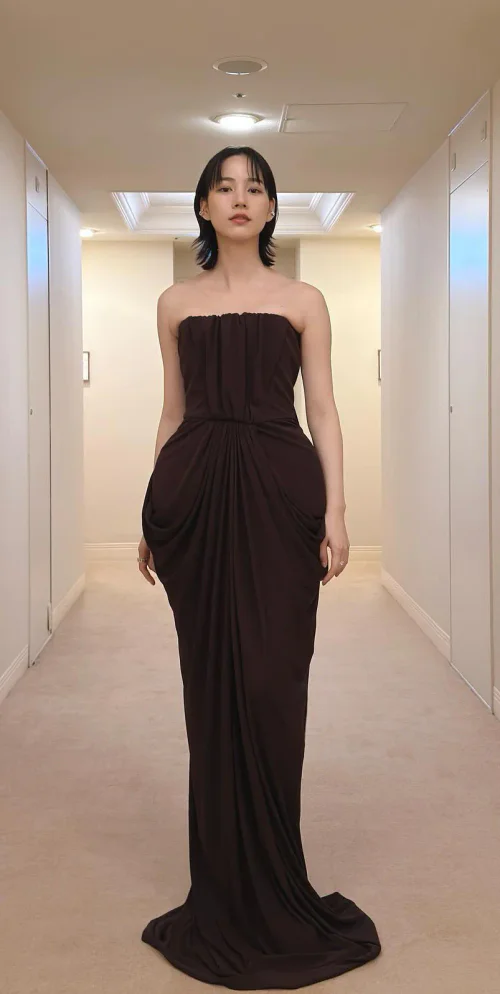 Non in Elegant Strapless Dark Brown Gown with Dramatic Draping