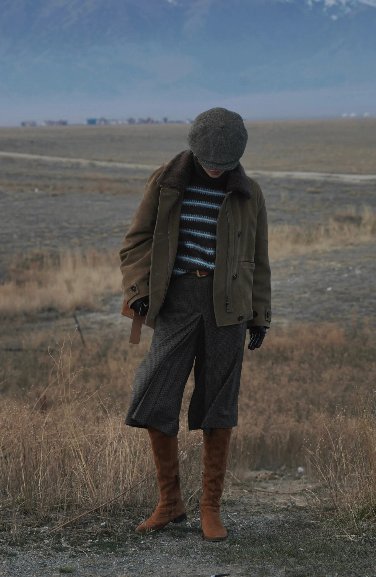 Vintage-Inspired Brown Jacket with Striped Sweater and Suede Boots for Fall