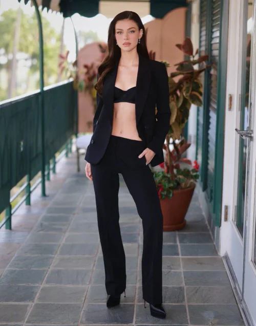 Sleek Black Suit with Bralette and Heels for Modern Elegance