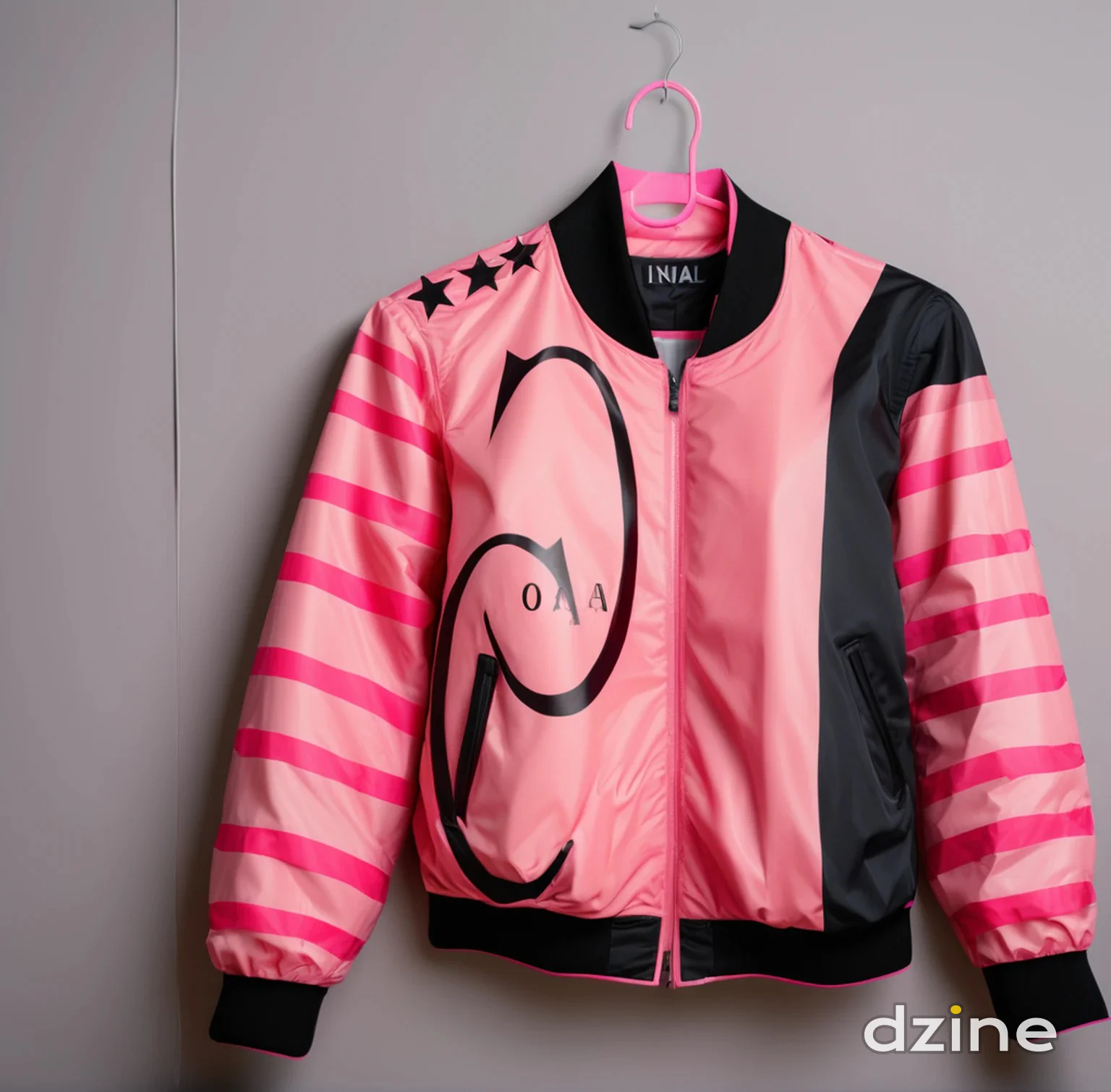 Bold Pink and Black Bomber Jacket with Star and Stripe Design