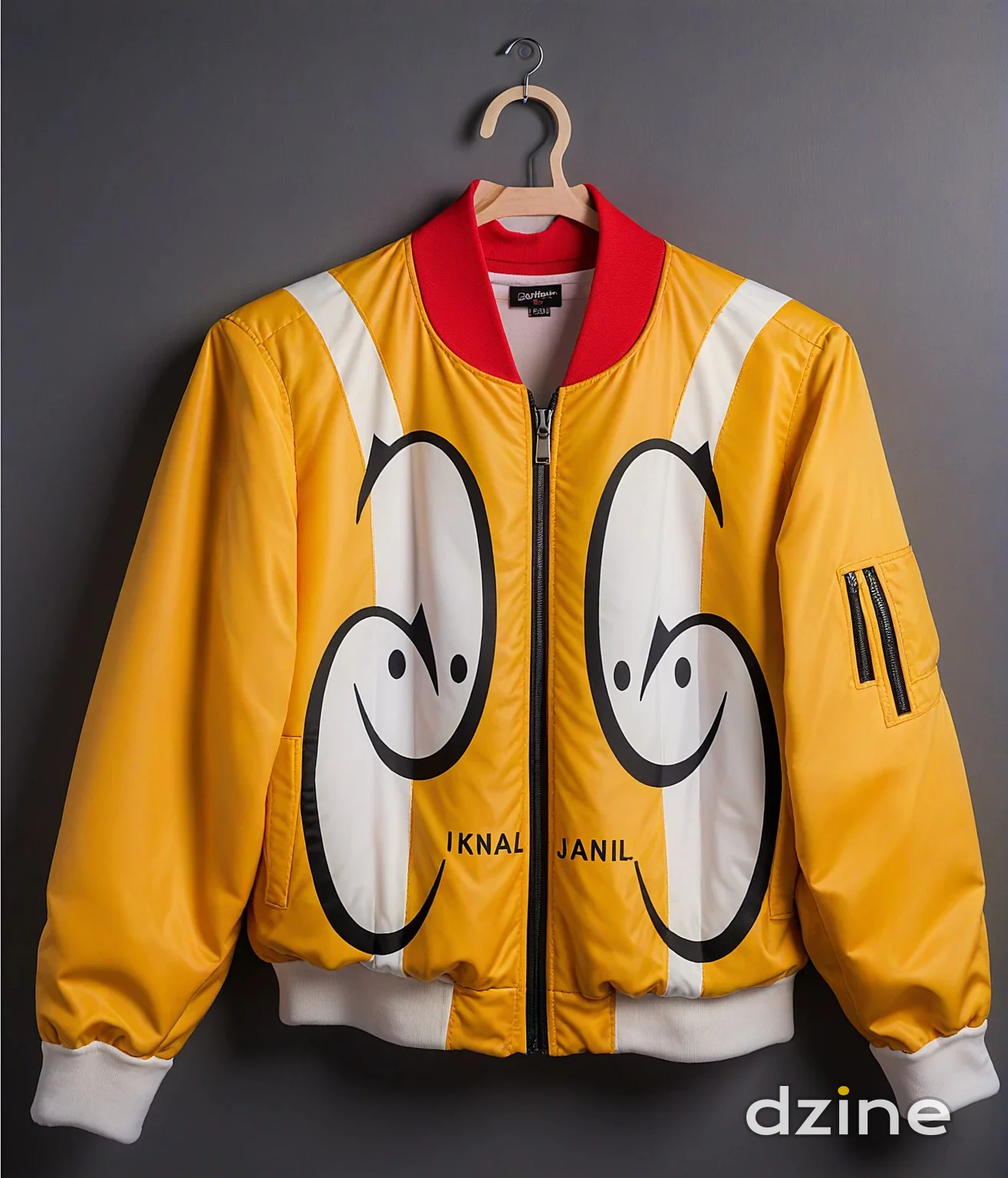 Vibrant Yellow Bomber Jacket with Playful Graphics and Contrasting Details