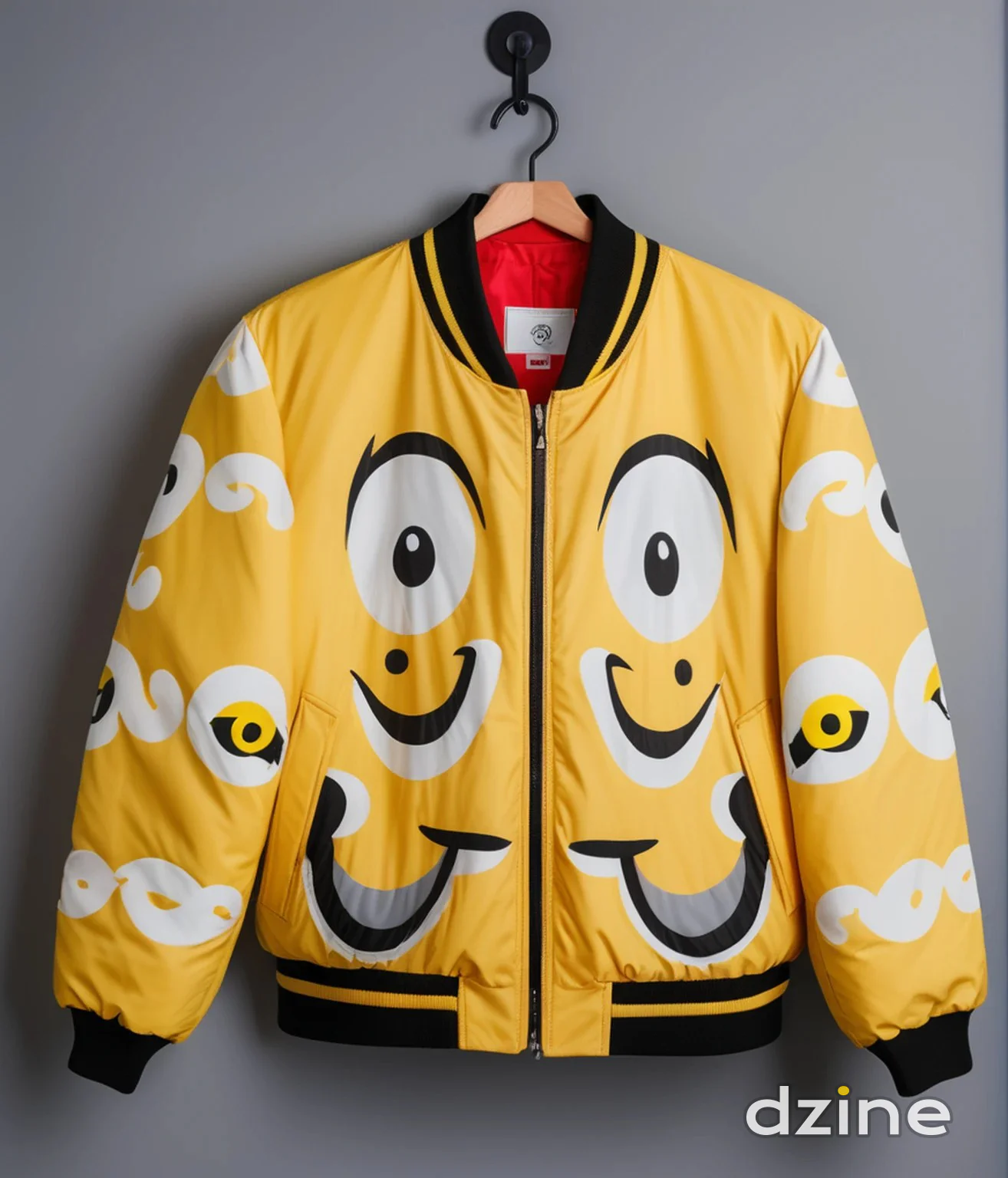 Vibrant Yellow Bomber Jacket with Playful Cartoon Faces for a Bold Statement Look
