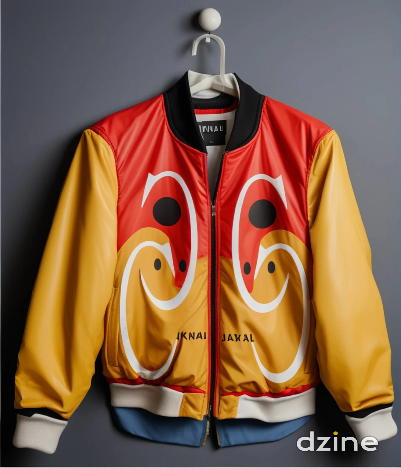 Vibrant Red and Yellow Artistic Bomber Jacket with Black Collar Contrast