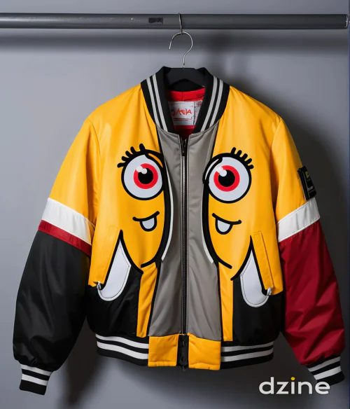 Bold Yellow Cartoon Graphic Jacket with Color Block Sleeves