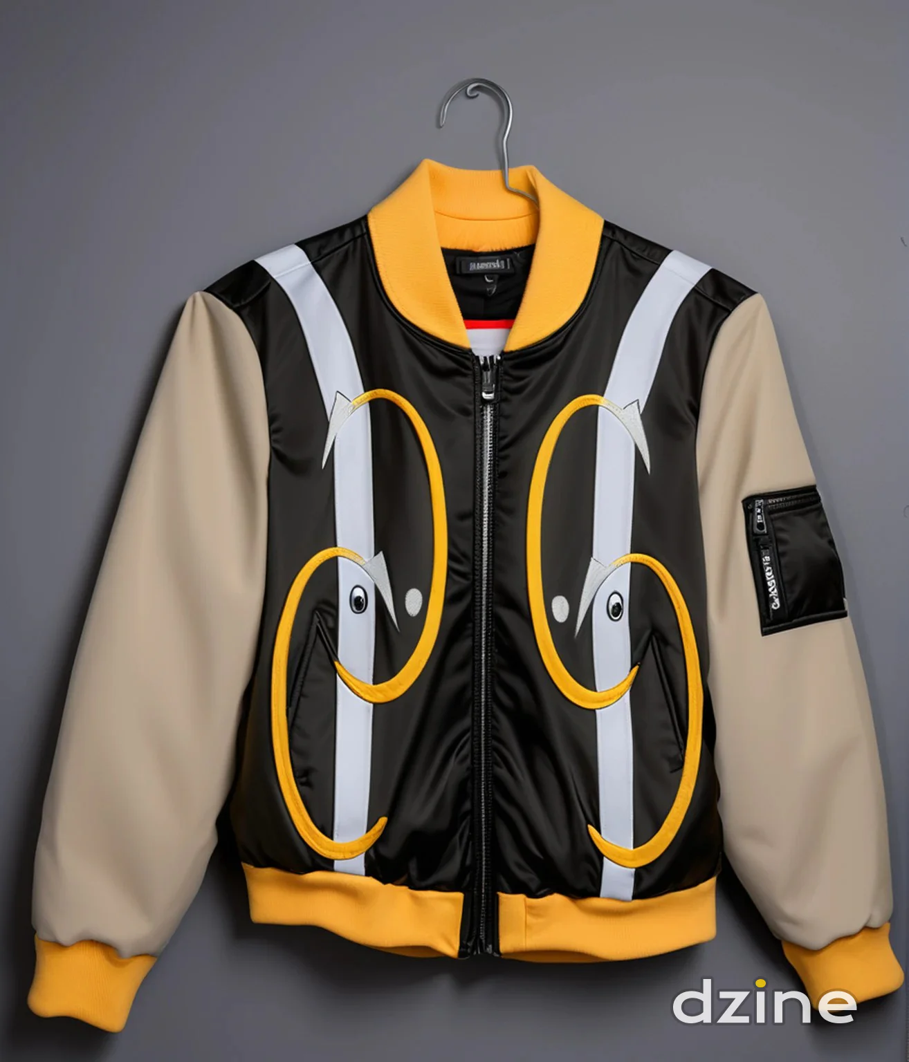 Bold Black and Beige Bomber Jacket with Yellow Accents and Graphic Design