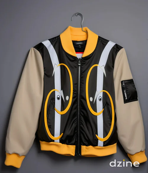 Bold Black and Beige Bomber Jacket with Yellow Accents and Graphic Design