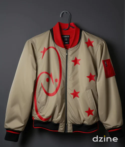 Beige Bomber Jacket with Bold Red Star Graphics and Modern Flair