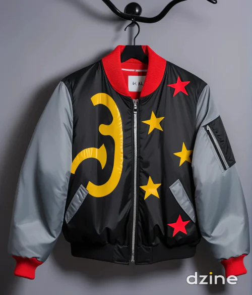 Bold Graphic Bomber Jacket with Red and Yellow Accents for a Contemporary Look