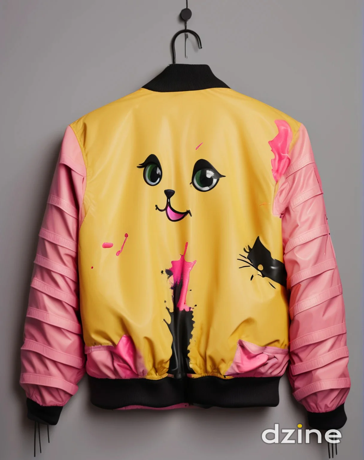 Whimsical Yellow and Pink Cartoon-Illustrated Bomber Jacket for a Fun, Casual Look
