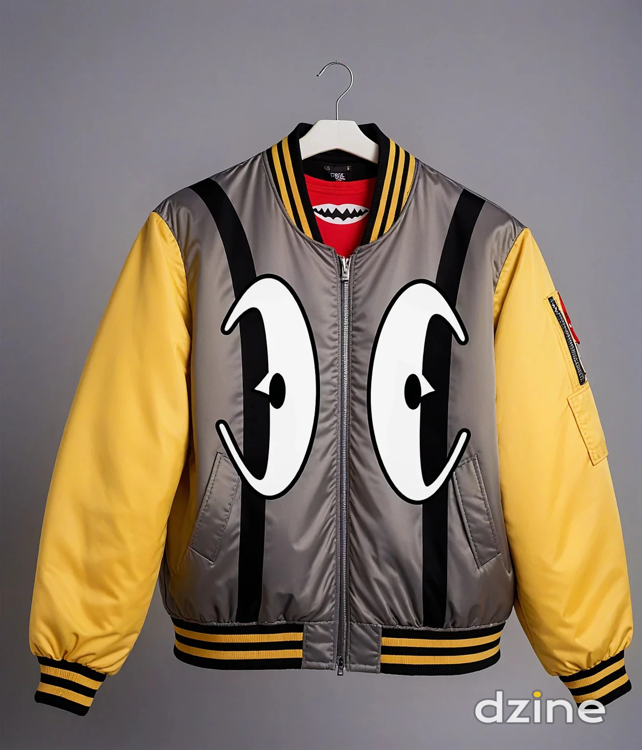 Vibrant Graphic Eye Bomber Jacket with Yellow and Gray Contrast