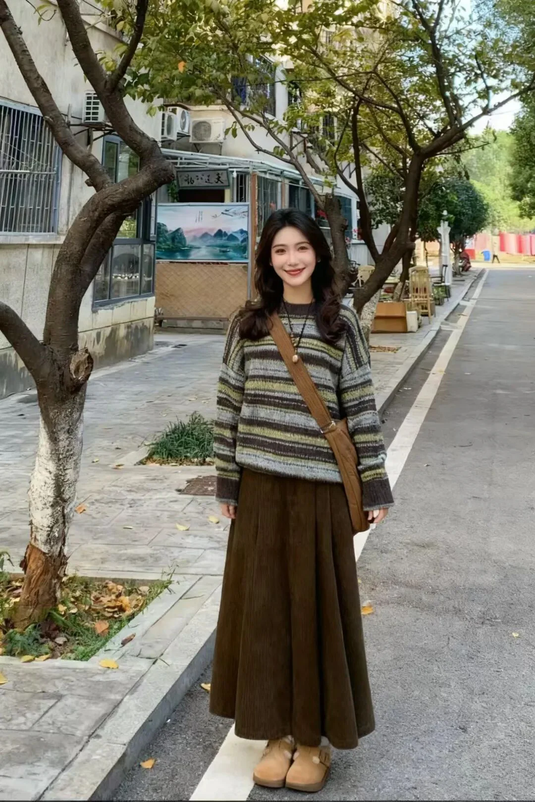 Cozy Autumn Layers with Striped Sweater and Corduroy Maxi Skirt