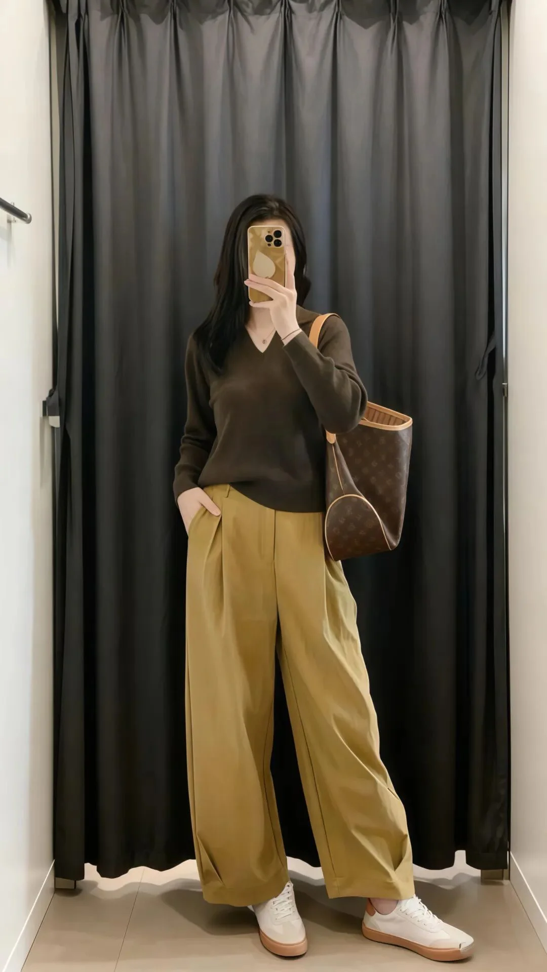 Elegant Autumn Ensemble with Brown Sweater and Mustard Trousers