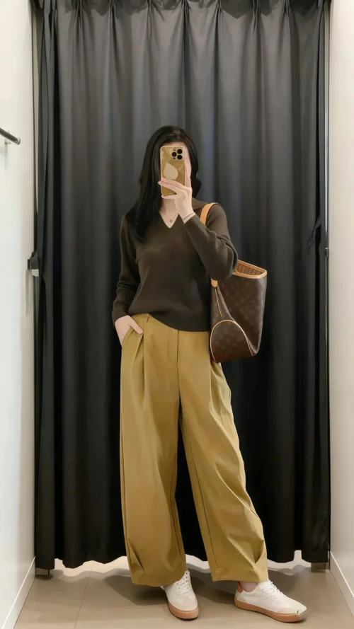 Elegant Autumn Ensemble with Brown Sweater and Mustard Trousers
