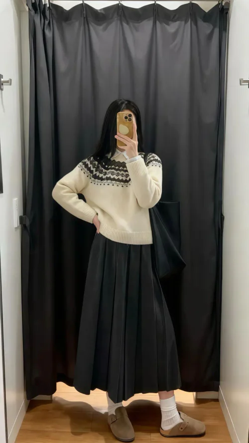 Cozy Knit Sweater and Pleated Skirt Ensemble with Casual Footwear
