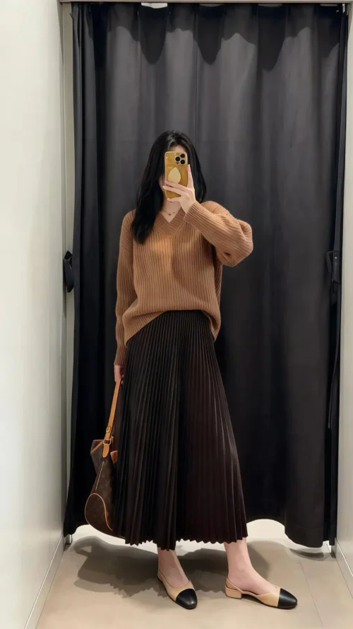 Cozy Brown Sweater and Pleated Skirt for an Elevated Autumn Look