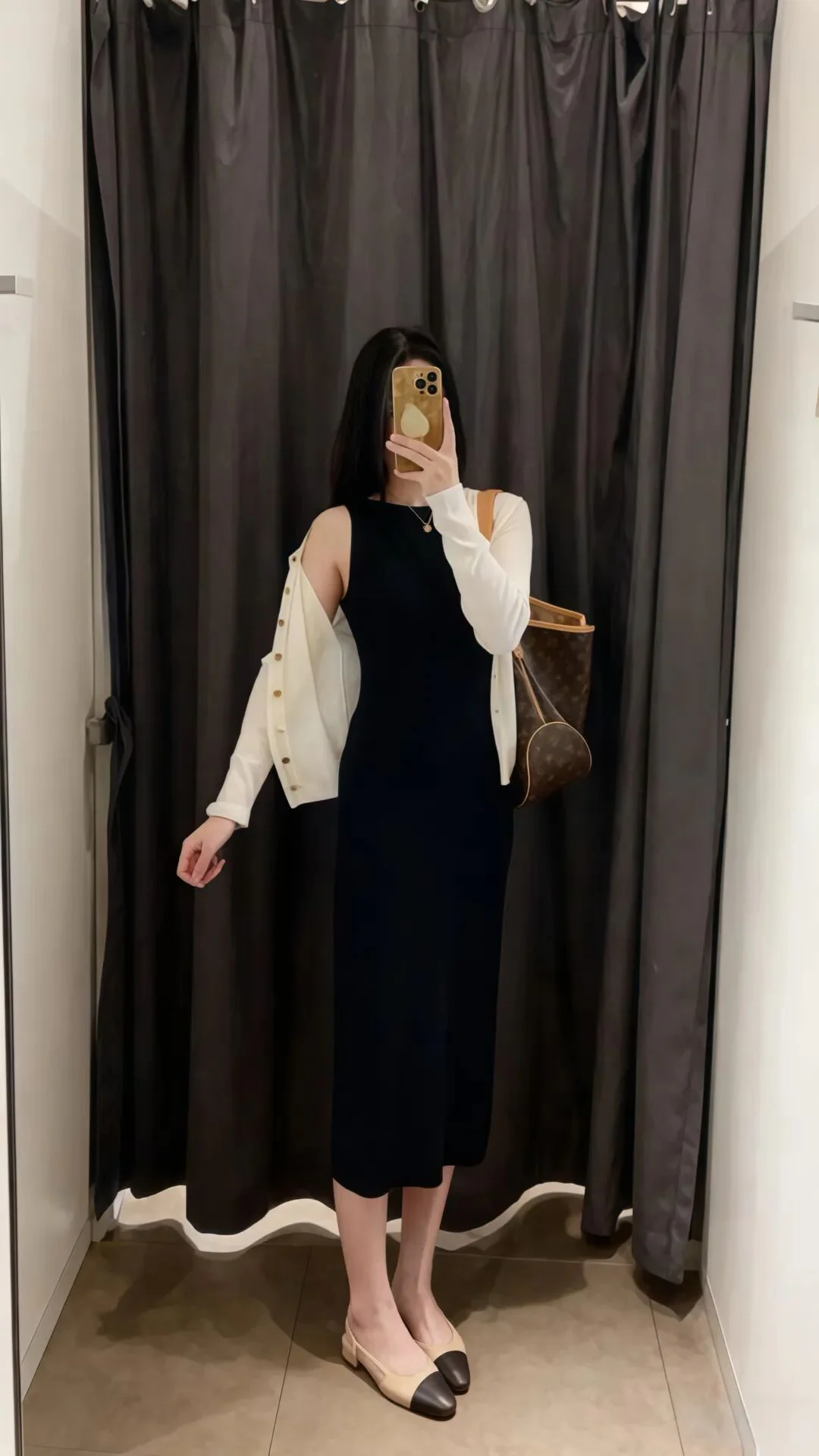 Timeless Black Dress with White Cardigan and Chic Beige Flats