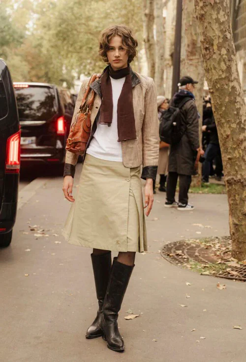 Vintage Corduroy and A-Line Skirt Paired with Modern Black Boots