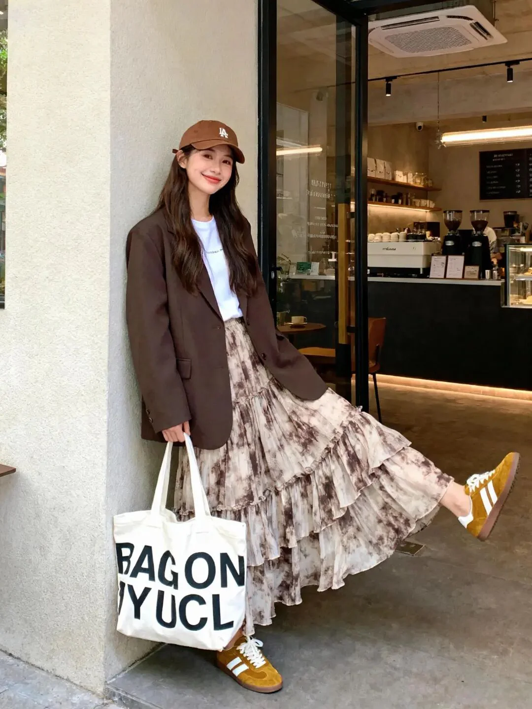 Casual Chic with Layered Tie-Dye Skirt and Oversized Blazer