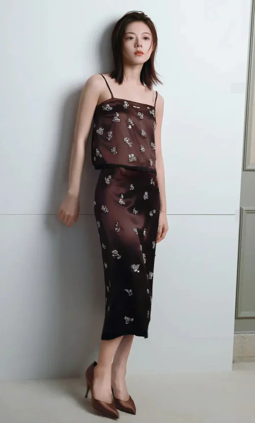 Elegant Sheer Floral Brown Ensemble with Matching Heels