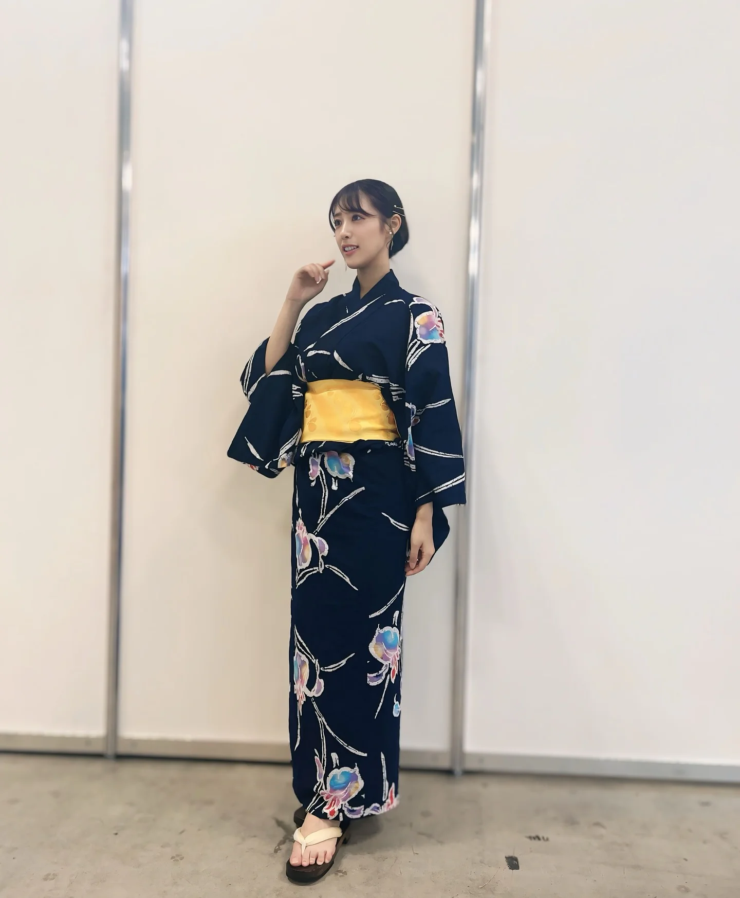 Elegant Navy Floral Kimono with Bold Yellow Obi Sash