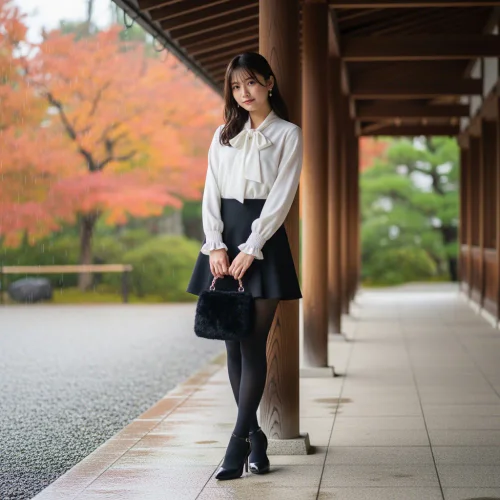 Elegant Black and White Ensemble with A-Line Skirt and Bow Tie Blouse