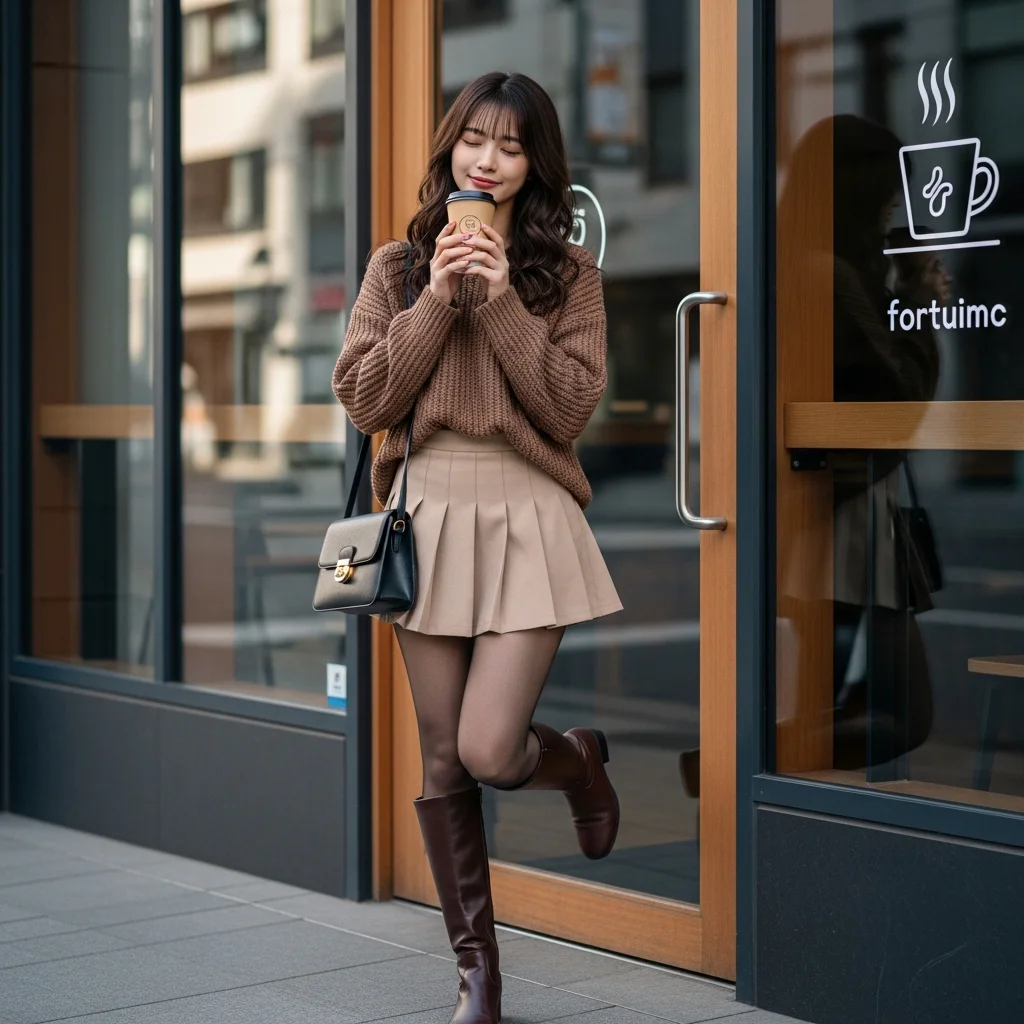 Cozy Brown Knit Sweater with Cream Pleated Skirt and Knee-High Boots