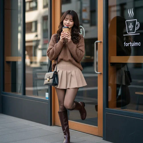 Cozy Brown Knit Sweater with Cream Pleated Skirt and Knee-High Boots