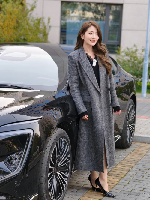 Elegant Gray Coat with Black Dress and Heels for Sophisticated Style