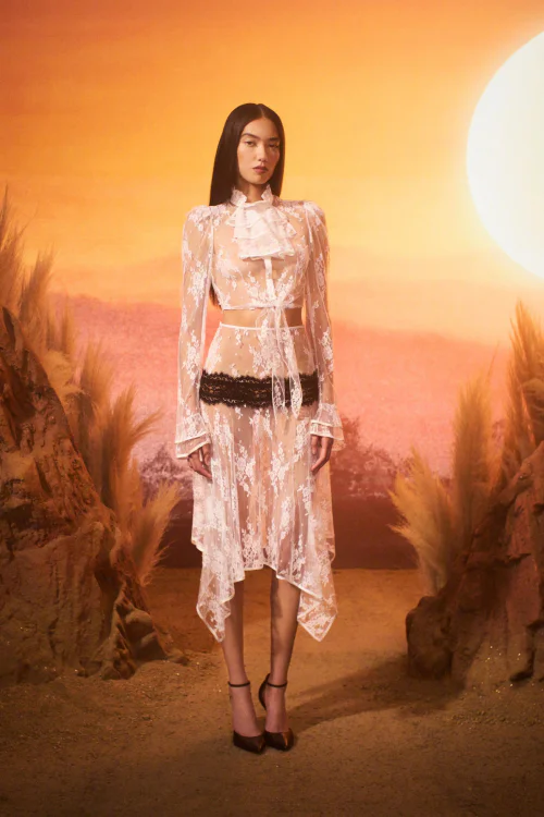 Ethereal Sheer Lace Dress with Bold Black Accents and Asymmetrical Hemline