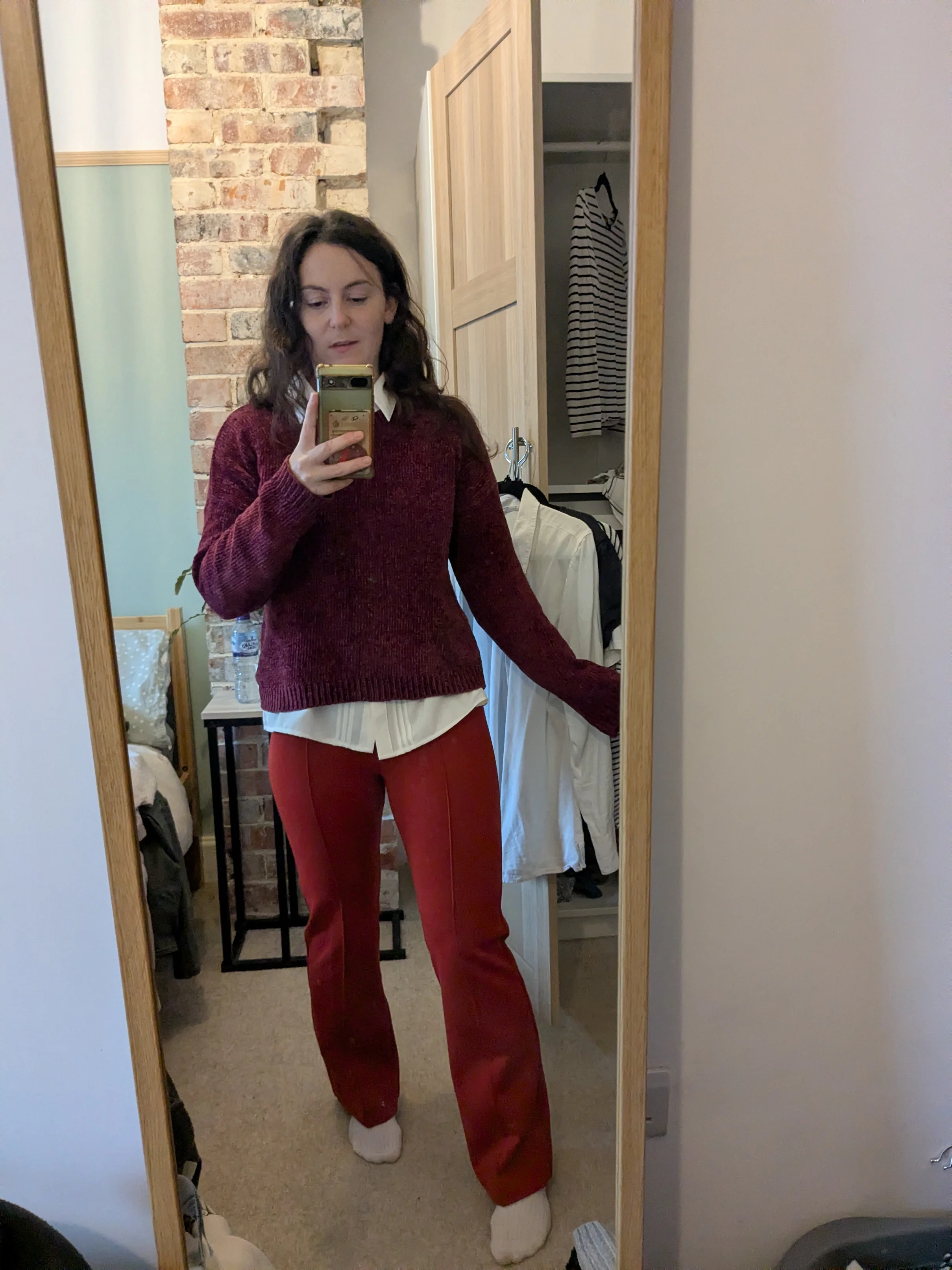Cozy Maroon Knit Sweater Paired with Red Pants and White Shirt Layer