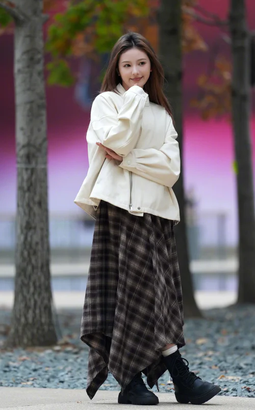 Chic White Jacket with Asymmetrical Plaid Skirt and Black Boots