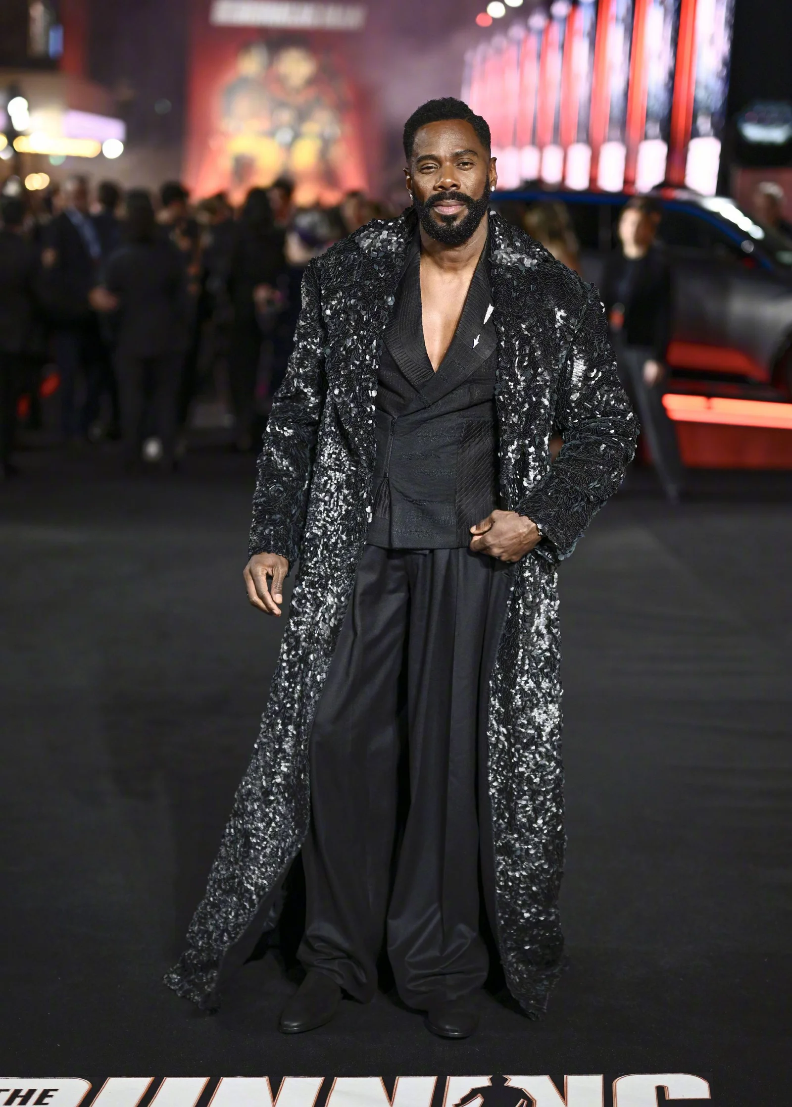 Colman Domingo. Glamorous Black Sequin Coat with Wide-Leg Trousers at a Red Carpet Event