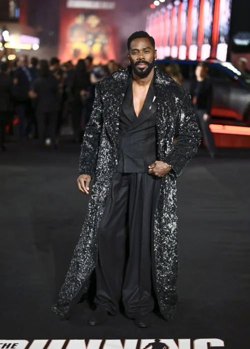 Colman Domingo. Glamorous Black Sequin Coat with Wide-Leg Trousers at a Red Carpet Event