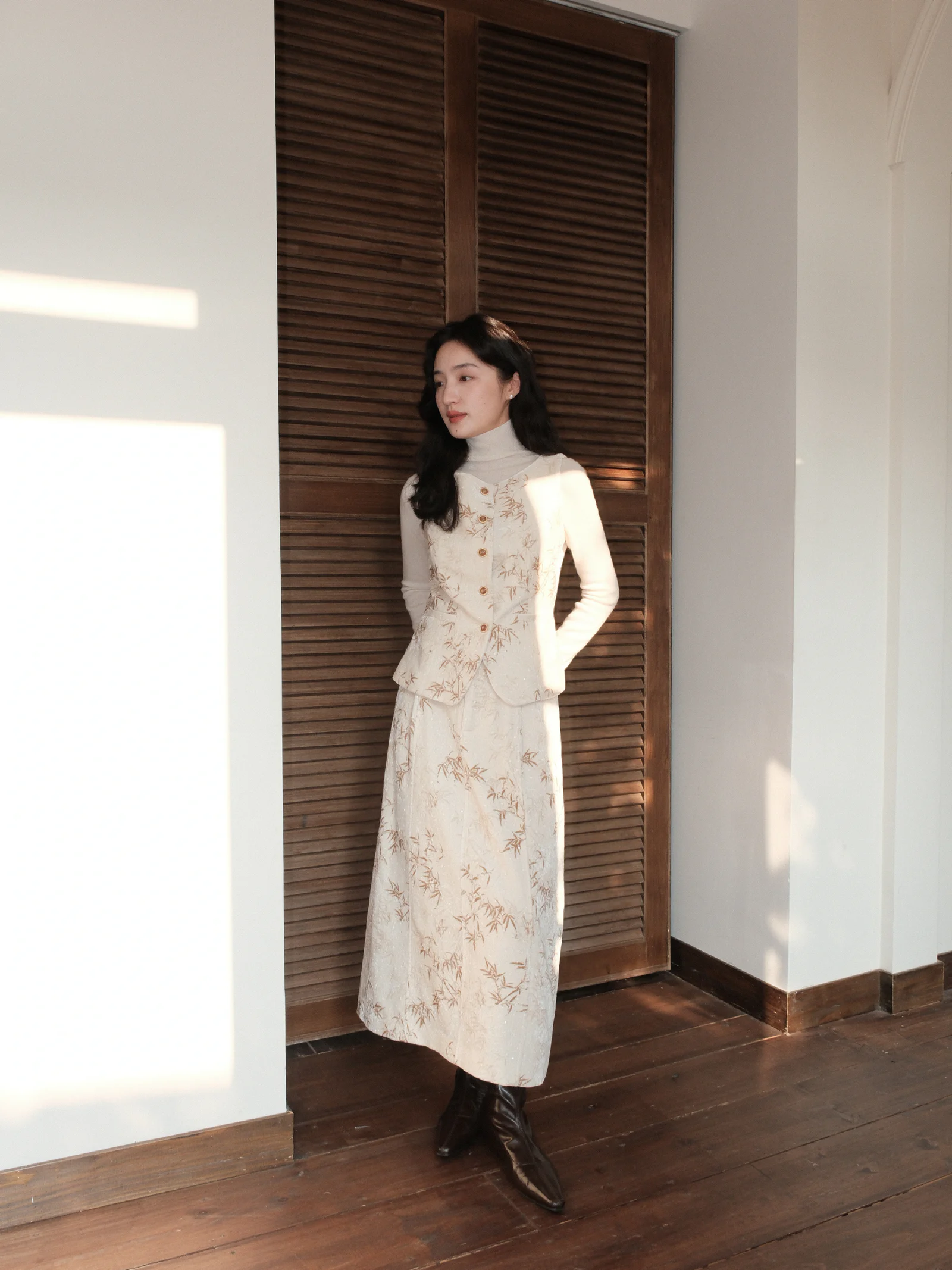 Elegant Cream Embroidered Blazer and Skirt Outfit with Dark Boots