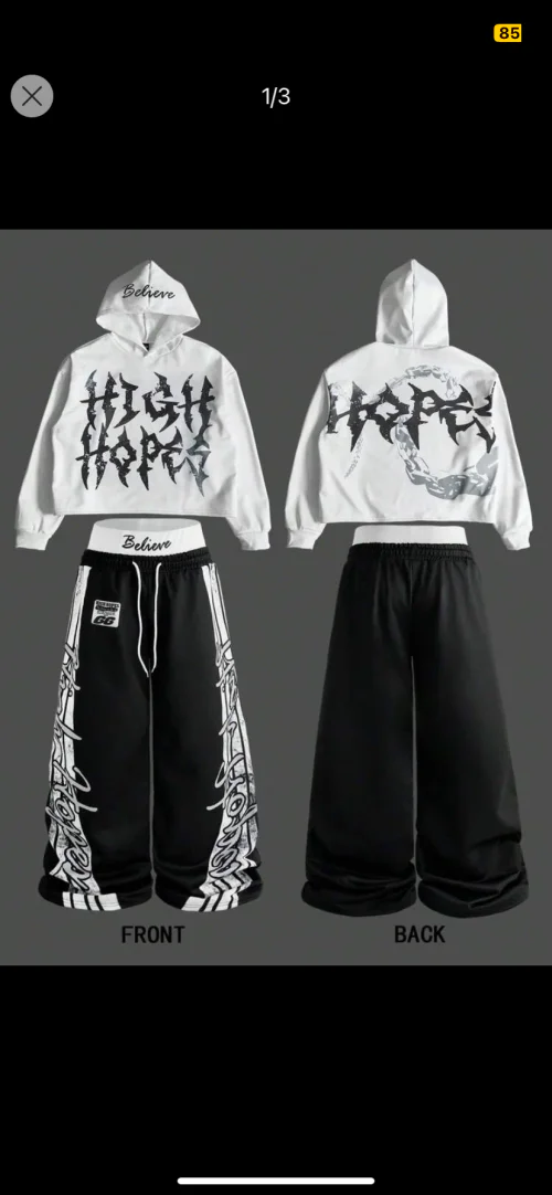 Monochrome Streetwear: Bold Graphic Hoodie and Wide-Leg Pants