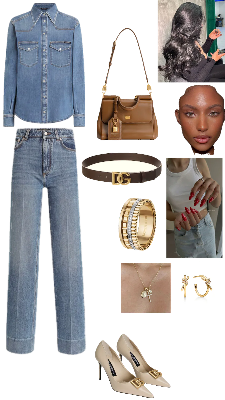 Trendy Denim-on-Denim with Elegant Accessories and Nude Heels