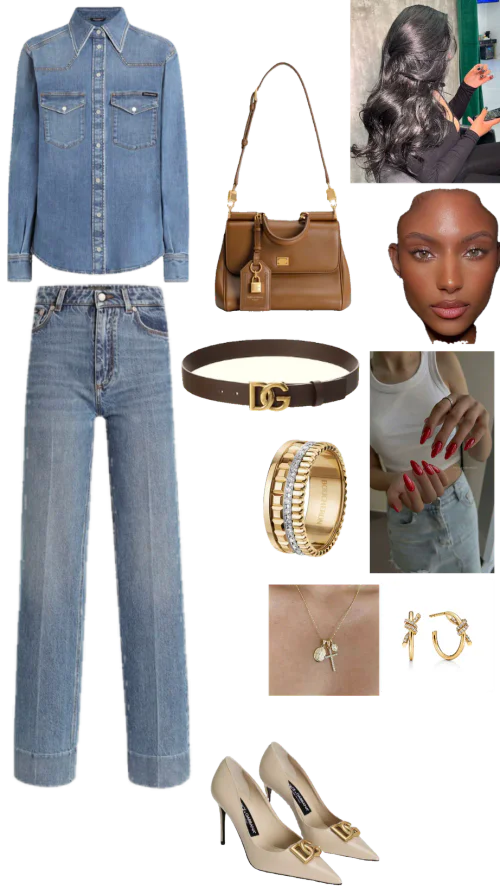 Trendy Denim-on-Denim with Elegant Accessories and Nude Heels