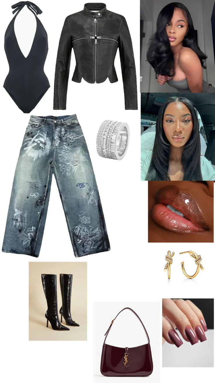 Edgy Black Leather and Denim with Bold Accessories and Knee-High Boots