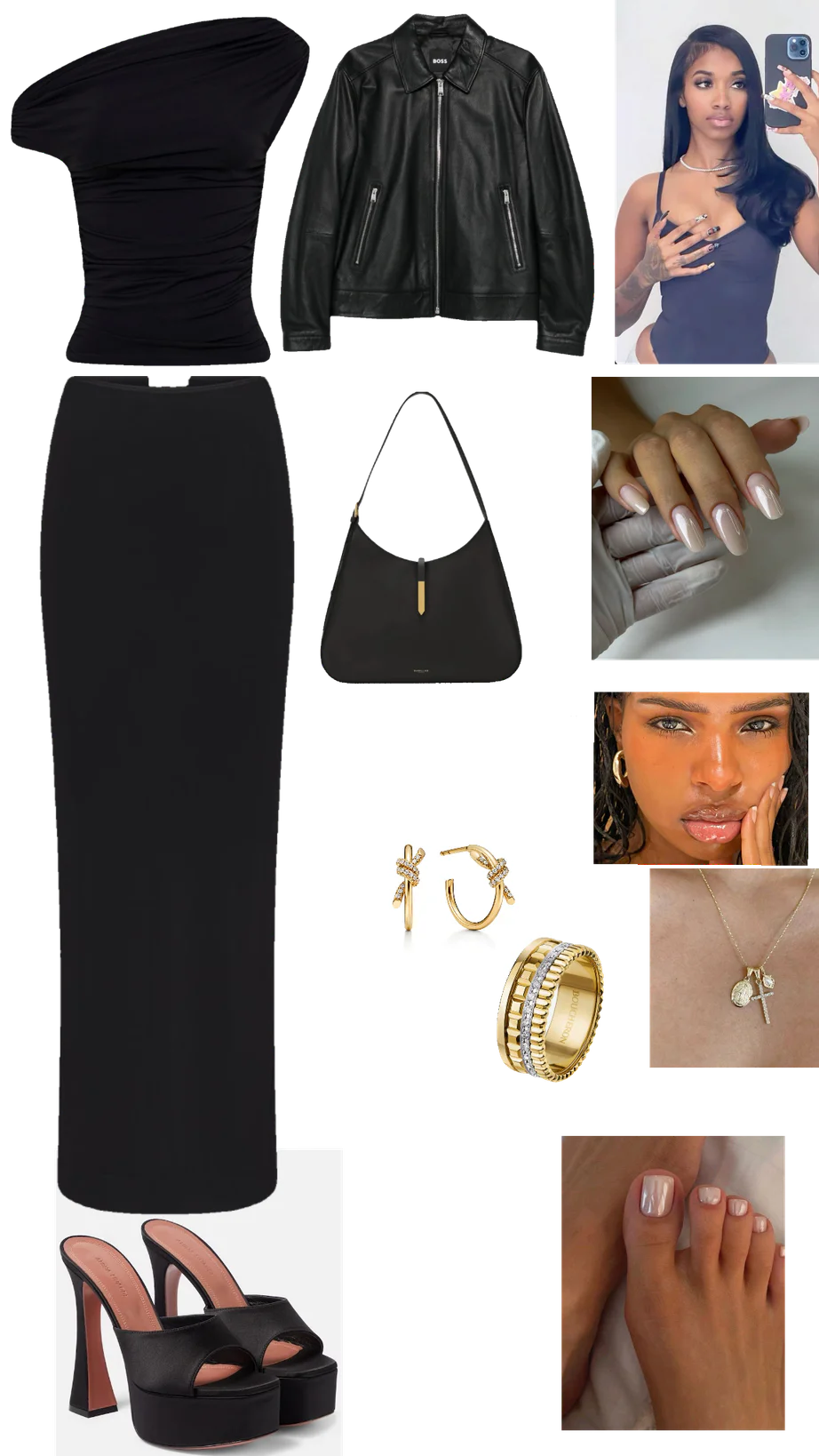 Elegant All-Black Outfit with Asymmetrical Top, Leather Jacket, and Gold Accents