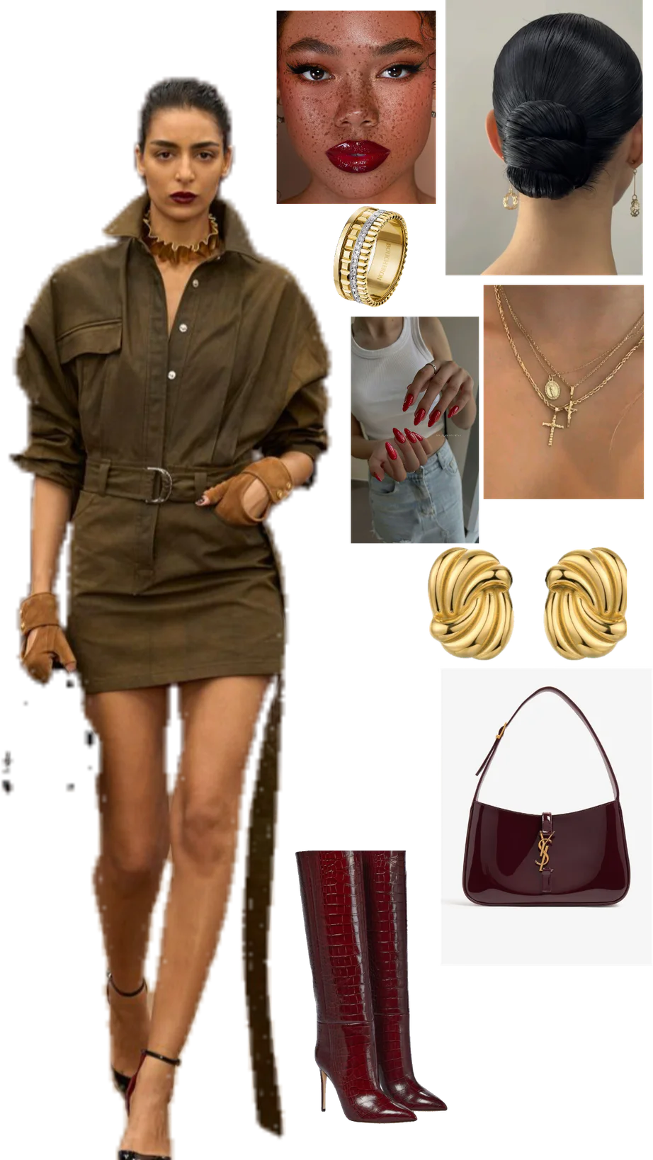 Stylish Khaki Shirt Dress Paired with Burgundy Boots and Gold Accessories