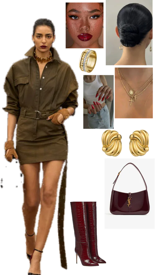 Stylish Khaki Shirt Dress Paired with Burgundy Boots and Gold Accessories