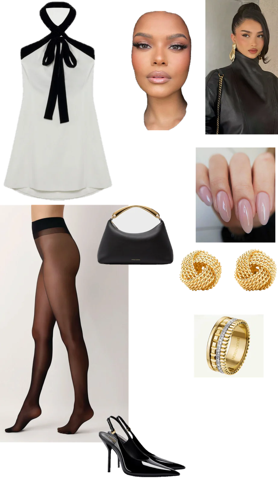 Elegant Black and White Halter Top with Gold Accessories and Sheer Stockings