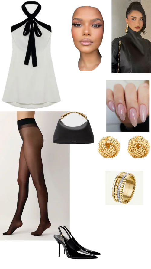 Elegant Black and White Halter Top with Gold Accessories and Sheer Stockings