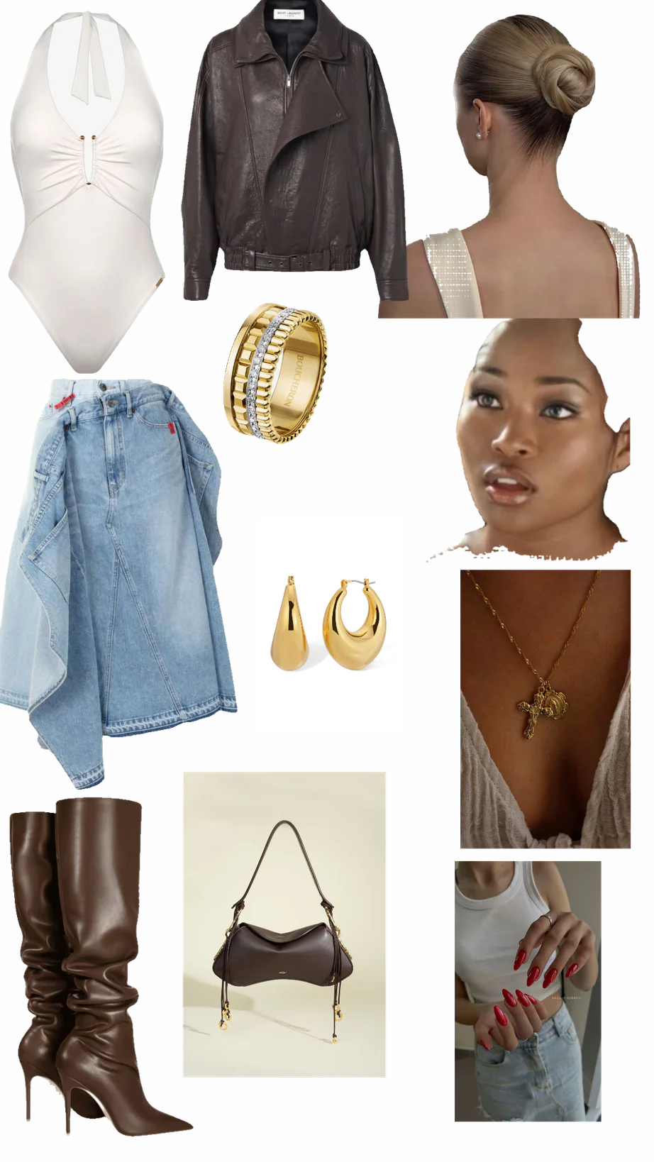 Chic Urban Ensemble Featuring White Bodysuit, Leather Jacket, and Denim Skirt