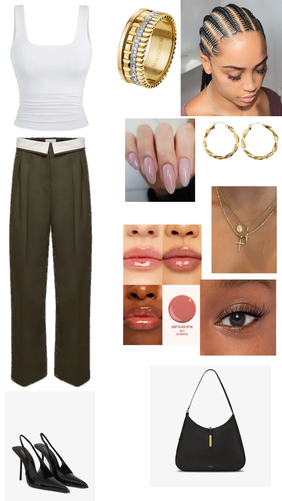 Chic Minimalism: White Tank with Olive Trousers and Gold Accessories
