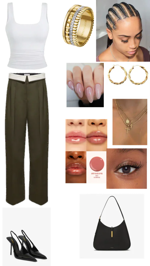 Chic Minimalism: White Tank with Olive Trousers and Gold Accessories