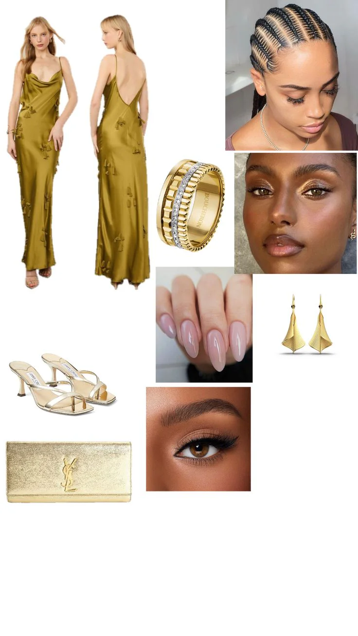 Elegant Olive Satin Slip Dress with Gold Accessories and Minimalist Heels