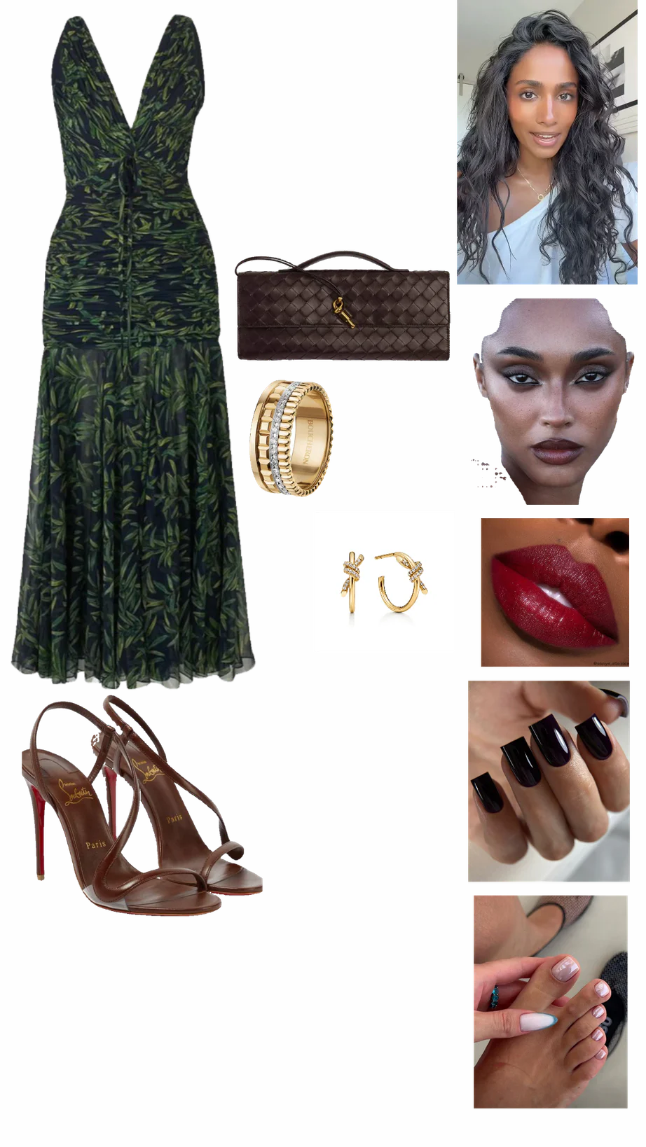Elegant Evening Look with Green Midi Dress, Brown Accessories, and Gold Jewelry