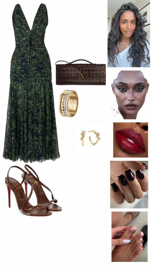 Elegant Evening Look with Green Midi Dress, Brown Accessories, and Gold Jewelry
