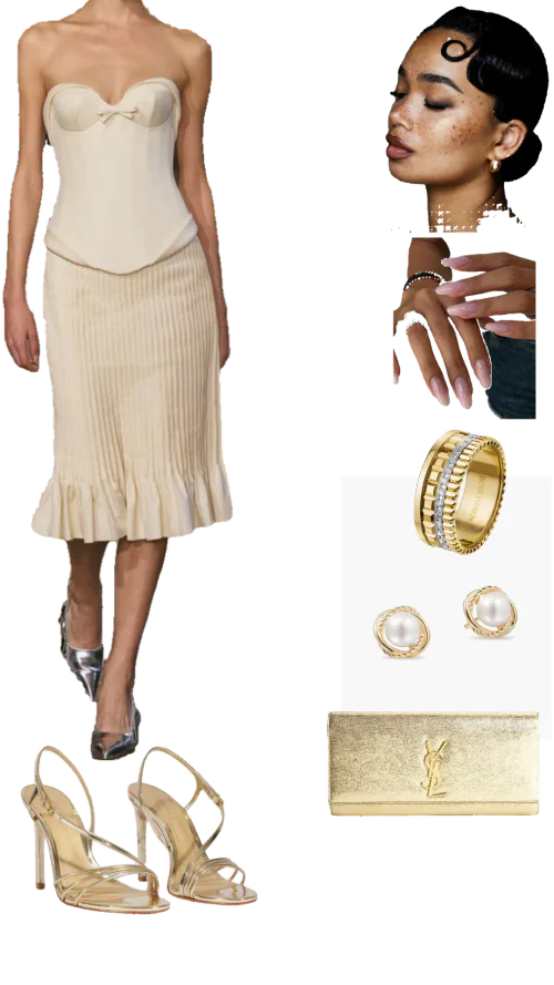 Elegant Cream Bustier and Pleated Skirt Ensemble with Gold Accents